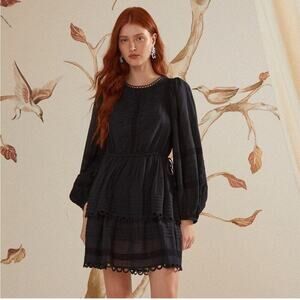 Farm Rio Black Lace Long Sleeve Mini Dress S